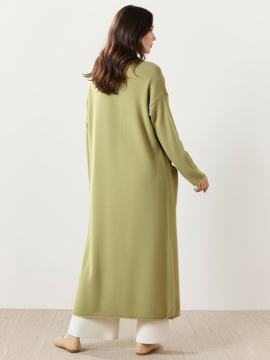 100% Australian Merino Wool long open-front cardigan with ribbed cuffs and patch pockets