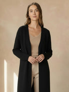 Long Australian Merino Wool cardigan with open front and patch pockets