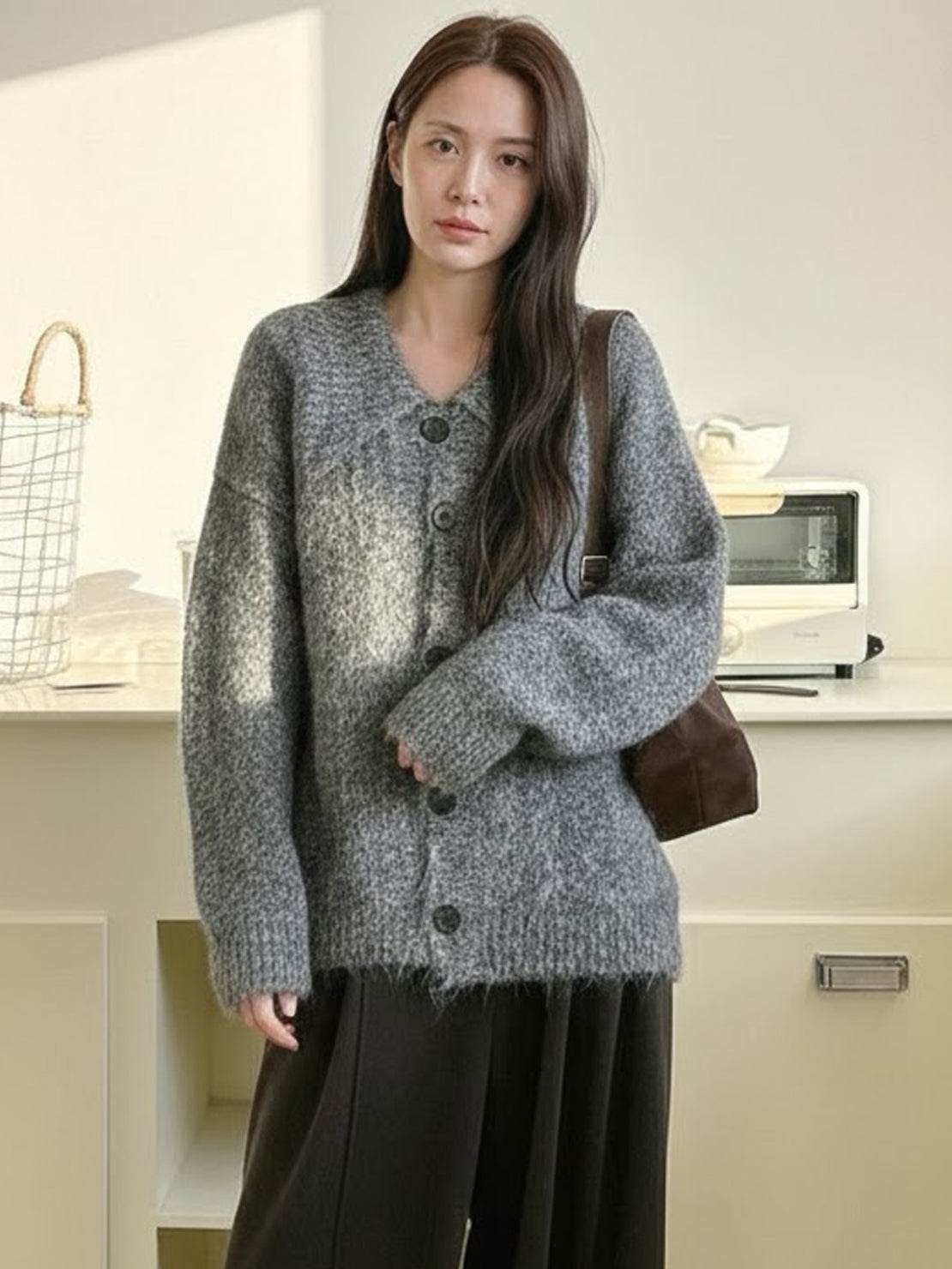 wool-blend button-front cardigan with wide collar and five buttons, lightweight and anti-pilling knit for layering and warmth