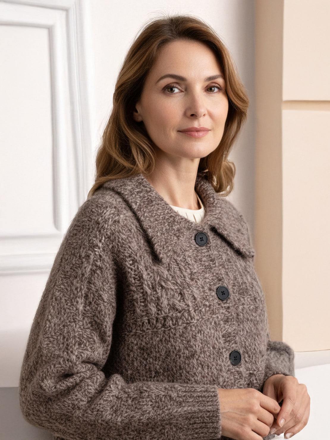 Wool-blend button-front cardigan with wide collar and five-button closure for lightweight warmth and layering