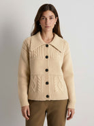 Wool-blend button-front cardigan with wide collar and drop-shoulder sleeves, lightweight and anti-pilling knit for winter layering