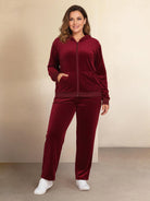 Plus size velour zip-up tracksuit with matching hoodie and straight-leg pants in soft, wrinkle-resistant fabric