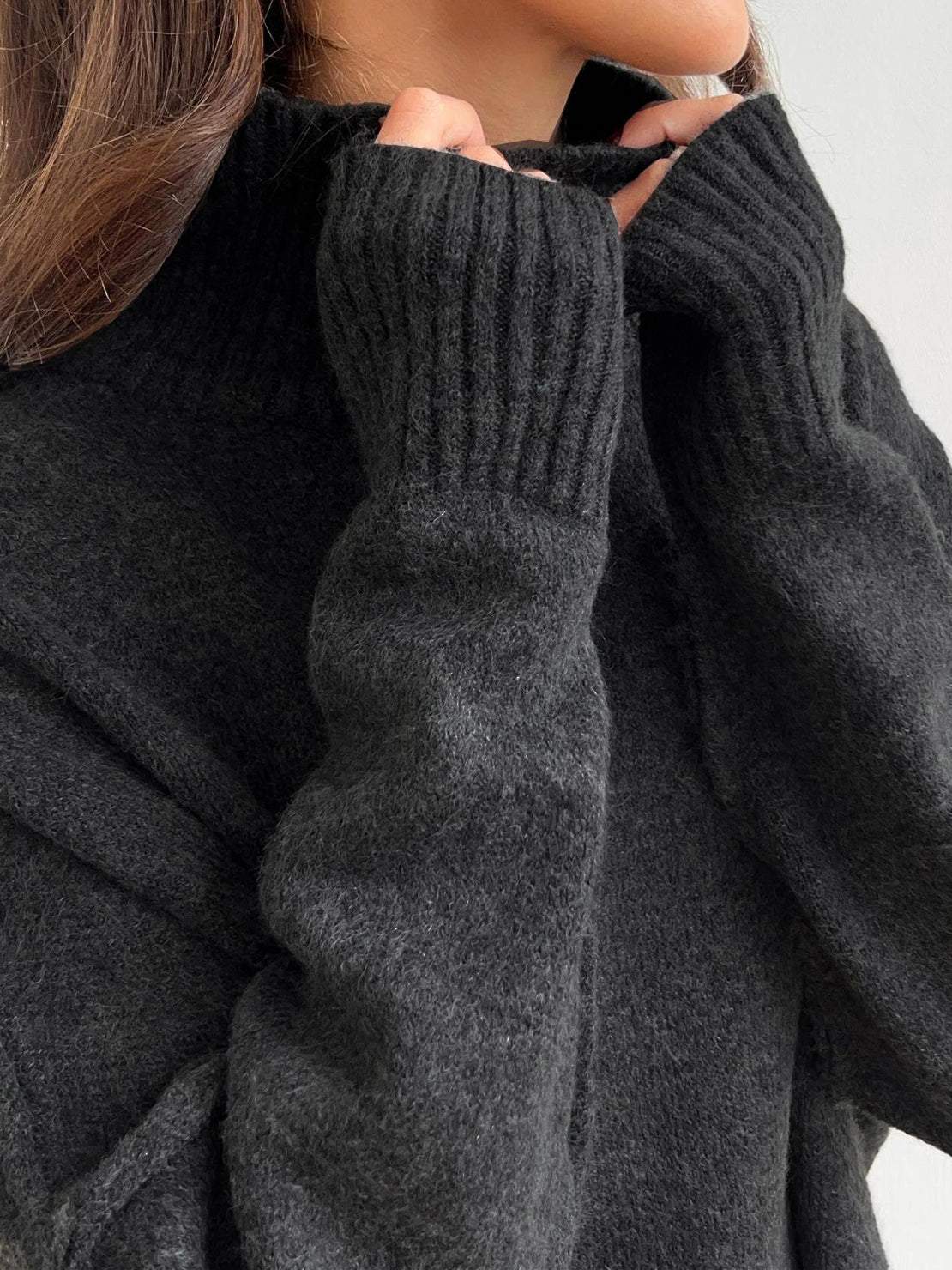 Soft-knit turtleneck two-piece set with relaxed fit and wide-leg pants in soft acrylic knit