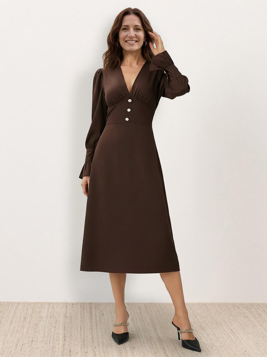 Slimming V-neck midi dress with button front, ruffle cuffs, and A-line skirt in wrinkle-resistant polyester