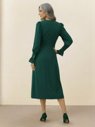 Slimming V-neck midi dress with button-front, ruffle cuffs, and flattering waistline in wrinkle-resistant fabric
