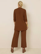 Open-front three-piece co-ord with longline cardigan, tank top, and wide-leg trousers in lightweight knit fabric