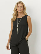 Open-front three-piece co-ord with longline cardigan, tank top, and wide-leg trousers in lightweight knit fabric