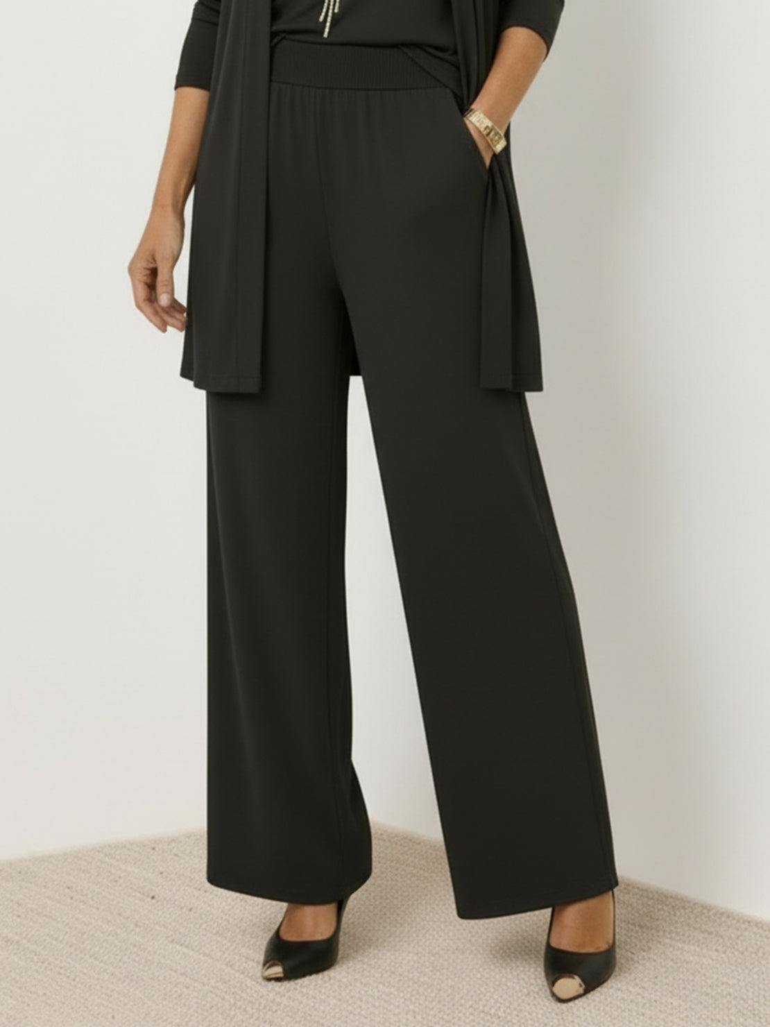 Open-front three-piece co-ord with longline cardigan, tank top, and wide-leg trousers in lightweight knit fabric