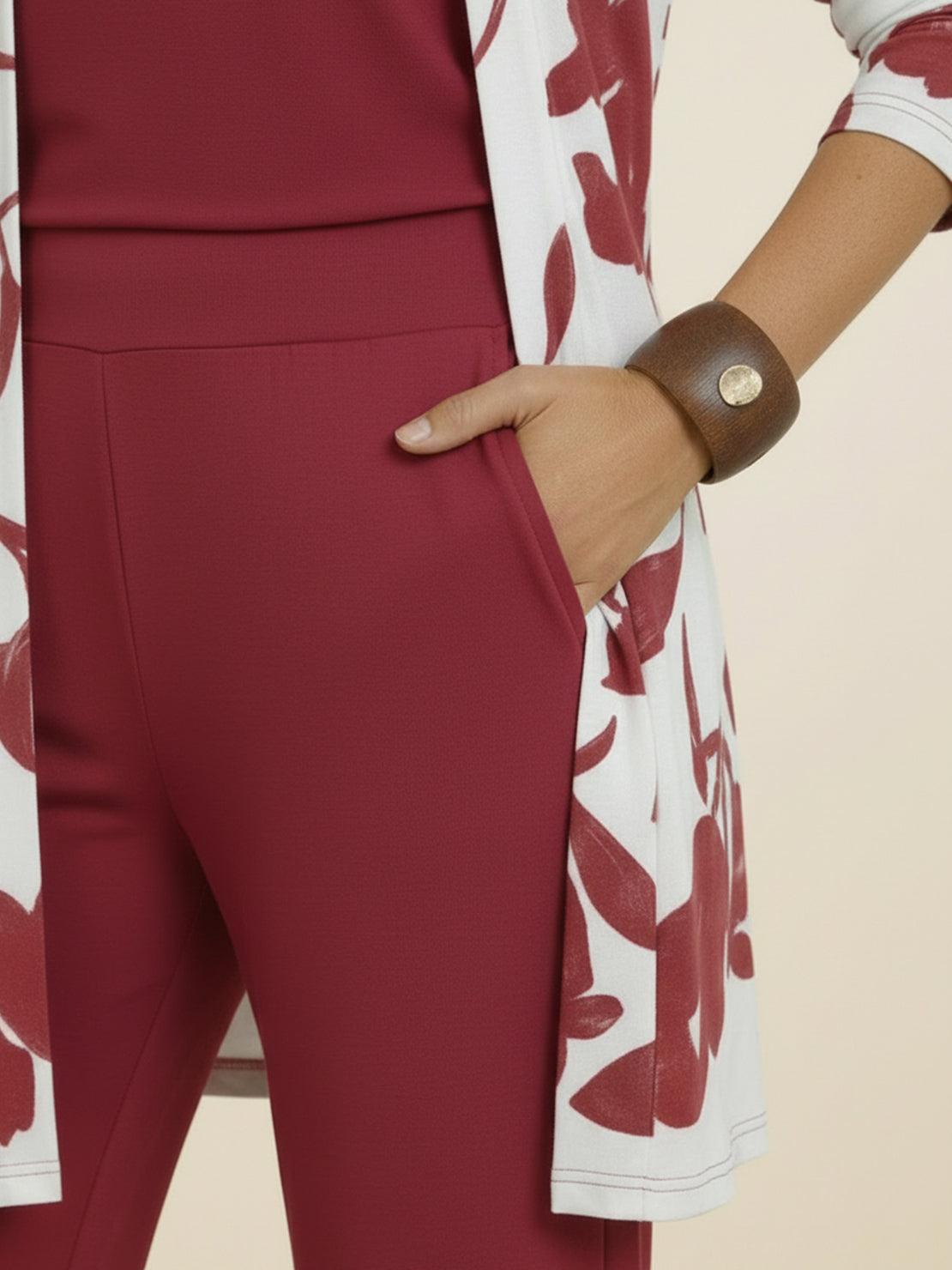 Open-front three-piece co-ord with longline cardigan, tank top, and wide-leg trousers in lightweight knit fabric