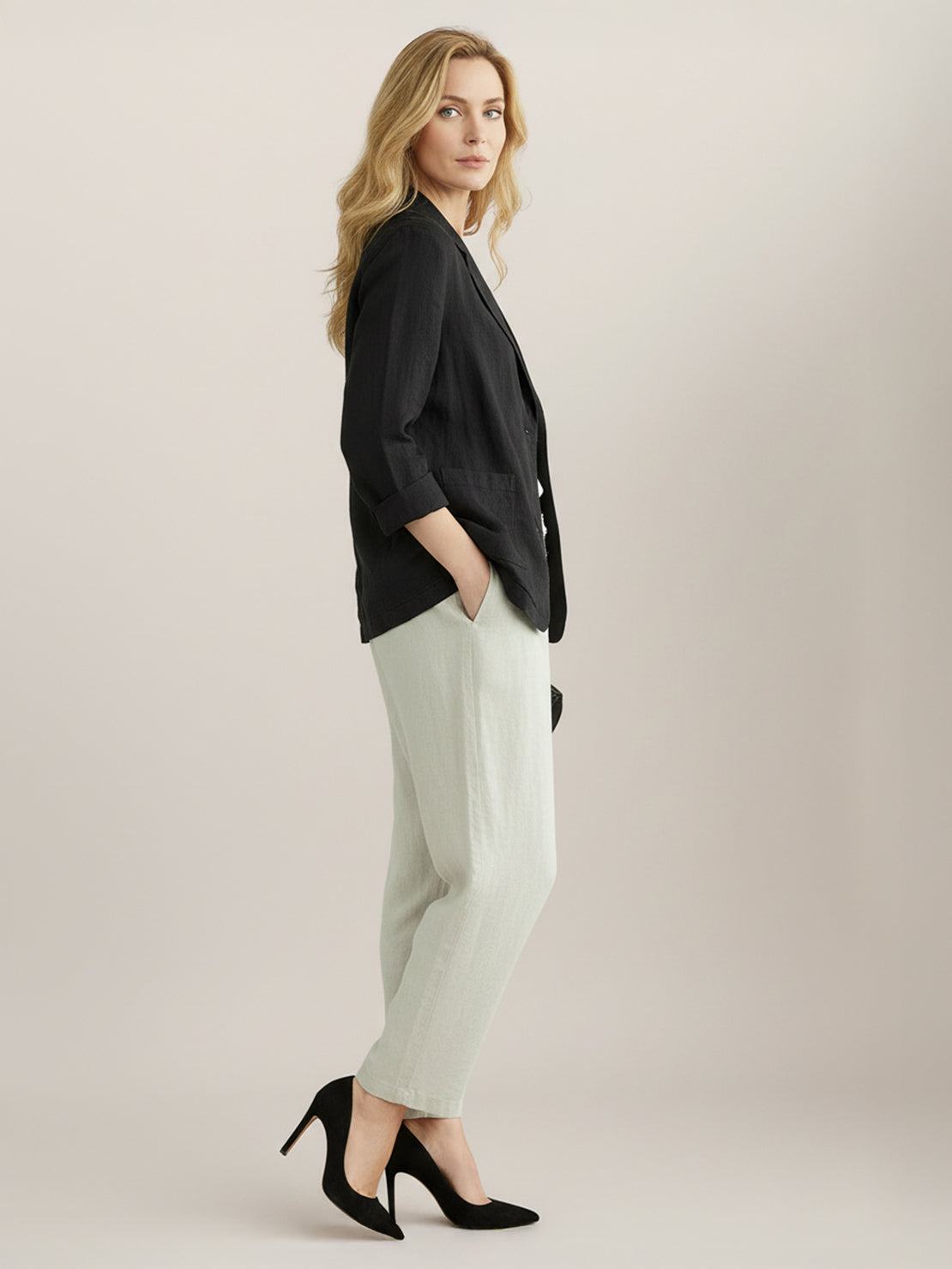 Cotton-linen blazer with notch lapels and two-button closure in natural textured fabric