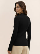 Asymmetric wrap ribbed knit top with diagonal button closure and flared cuffs in slim fit