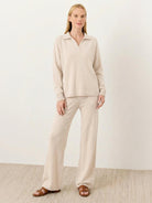 Oversized polo knit loungewear set with soft collar and straight-leg pants for relaxed style
