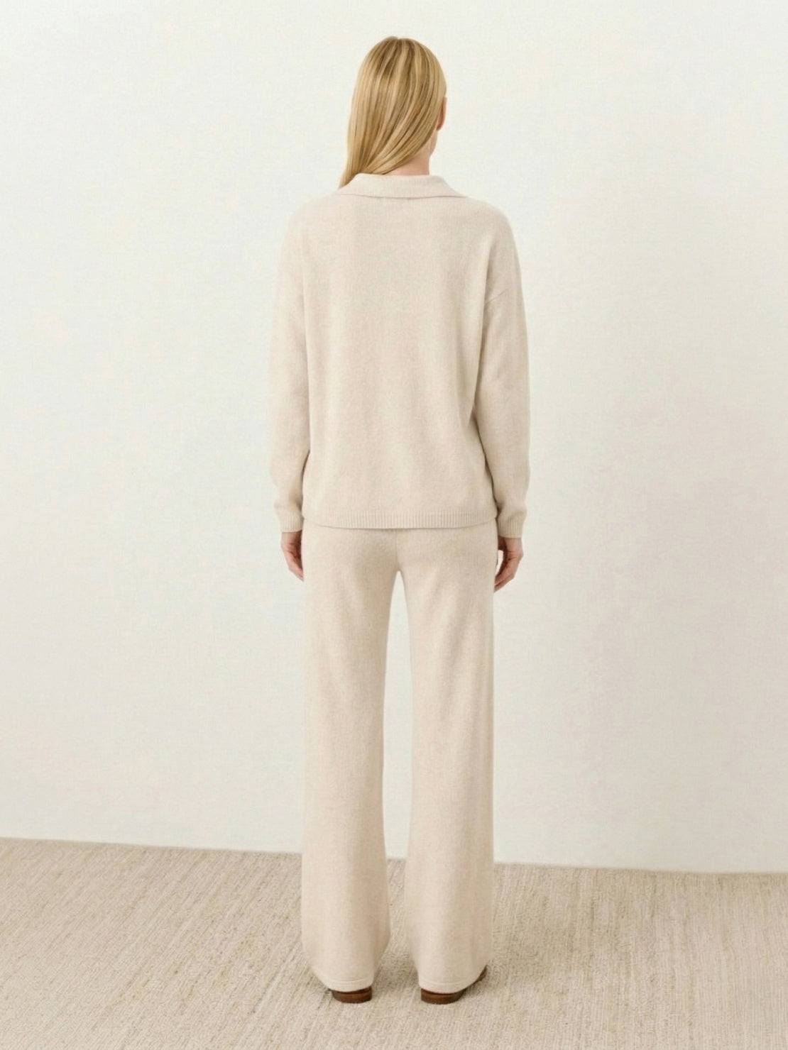 Oversized polo knit loungewear set with soft V-neck collar and straight-leg pants