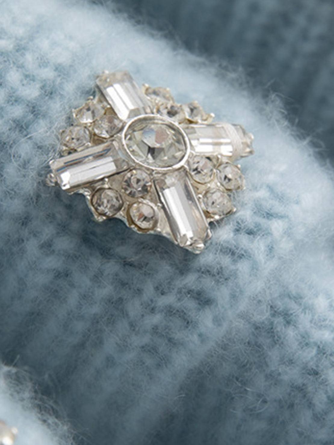 Close-up of 100% Alashan cashmere ribbed knit cardigan with diamond collar and crystal buttons.