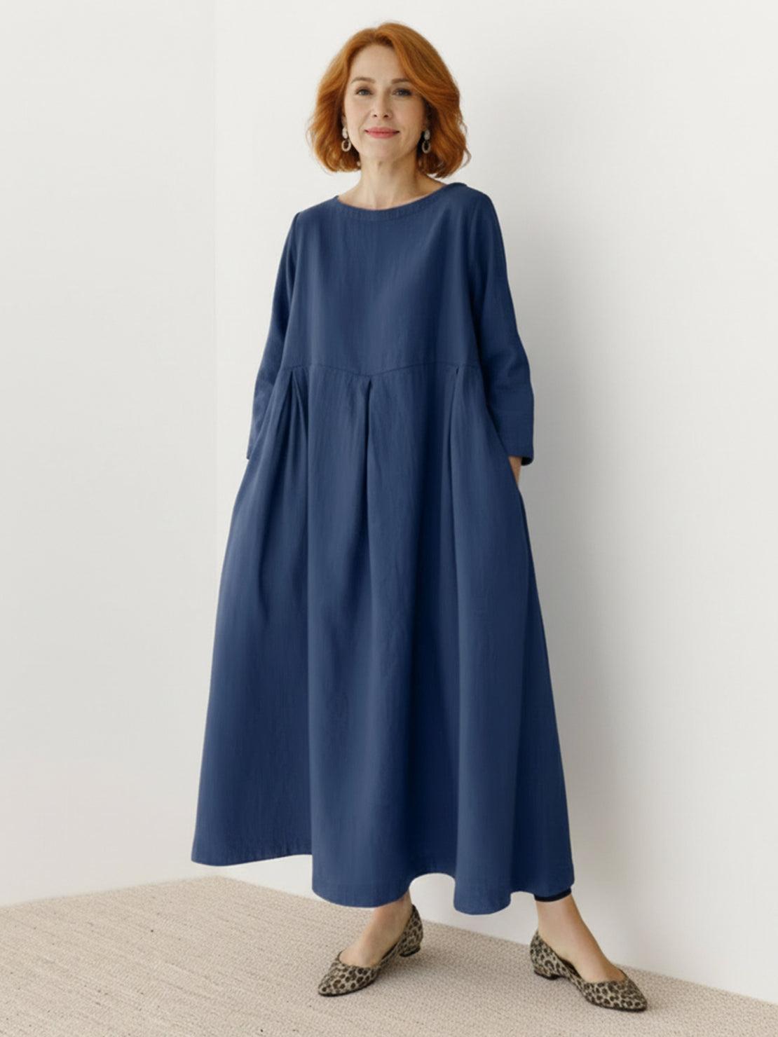 Maxi cotton-linen empire waist dress with 3/4 sleeves and side pockets in natural crinkle texture