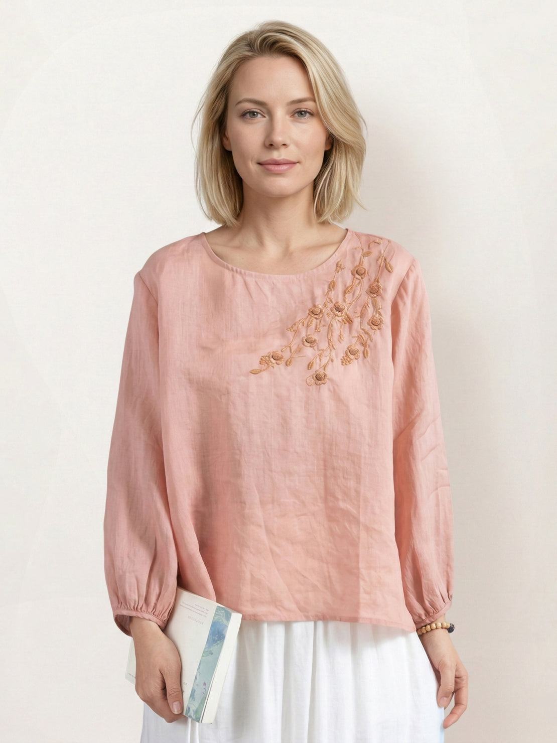 100% cotton-linen embroidered blouse with relaxed boxy fit and 3/4 balloon sleeves