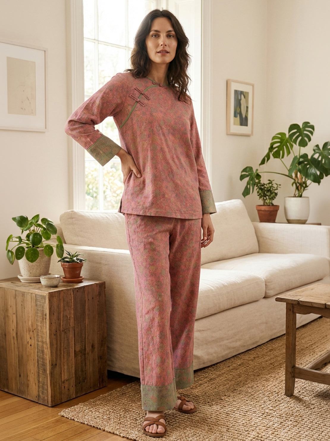 100% cotton Chinese Pankou Pajamas two-piece set with tunic top and wide-leg pants in bold landscape print