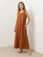 Cotton linen sleeveless maxi dress with round neckline and ankle length in lightweight fabric