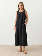 Lightweight cotton linen sleeveless maxi dress with round neckline and relaxed ankle-length fit