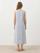 Lightweight cotton linen sleeveless maxi dress with round neckline and flowing ankle-length silhouette