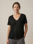 Linen-Bamboo V-Neck Tee with deep V-neck, short sleeves, relaxed fit, breathable linen and bamboo blend fabric
