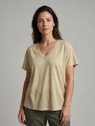 Linen-Bamboo V-Neck Tee with deep neckline and relaxed fit, breathable fabric blend of linen and bamboo viscose