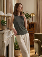 100% linen wide neck vest with cowl drape and boat neck styles, sleeveless and breathable summer top