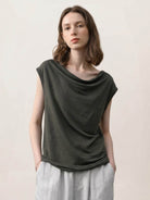 100% linen wide neck vest with cowl drape and boat neck styles, sleeveless and breathable fabric