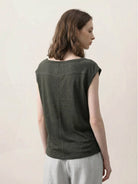 100% linen wide neck vest with cowl drape and boat neck styles, sleeveless and breathable fabric