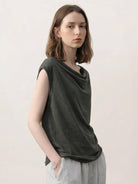 100% linen wide neck vest with cowl drape and boat neck styles, sleeveless, natural texture, breathable fabric