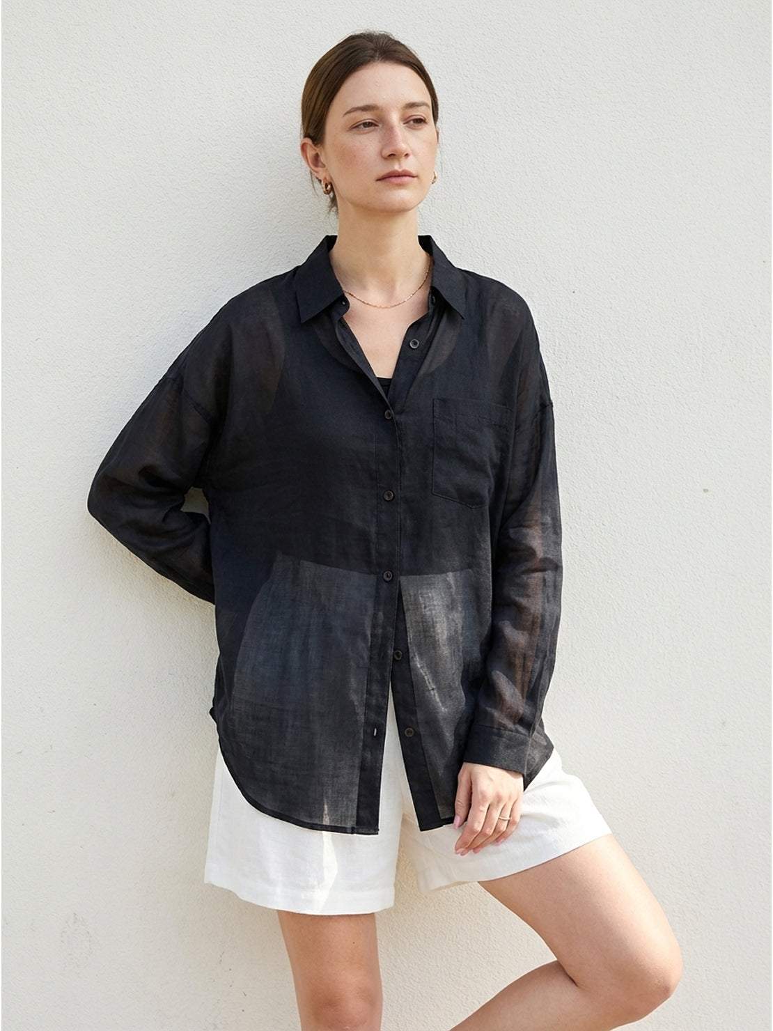 Lightweight 100% linen sheer overshirt with oversized fit and classic collar