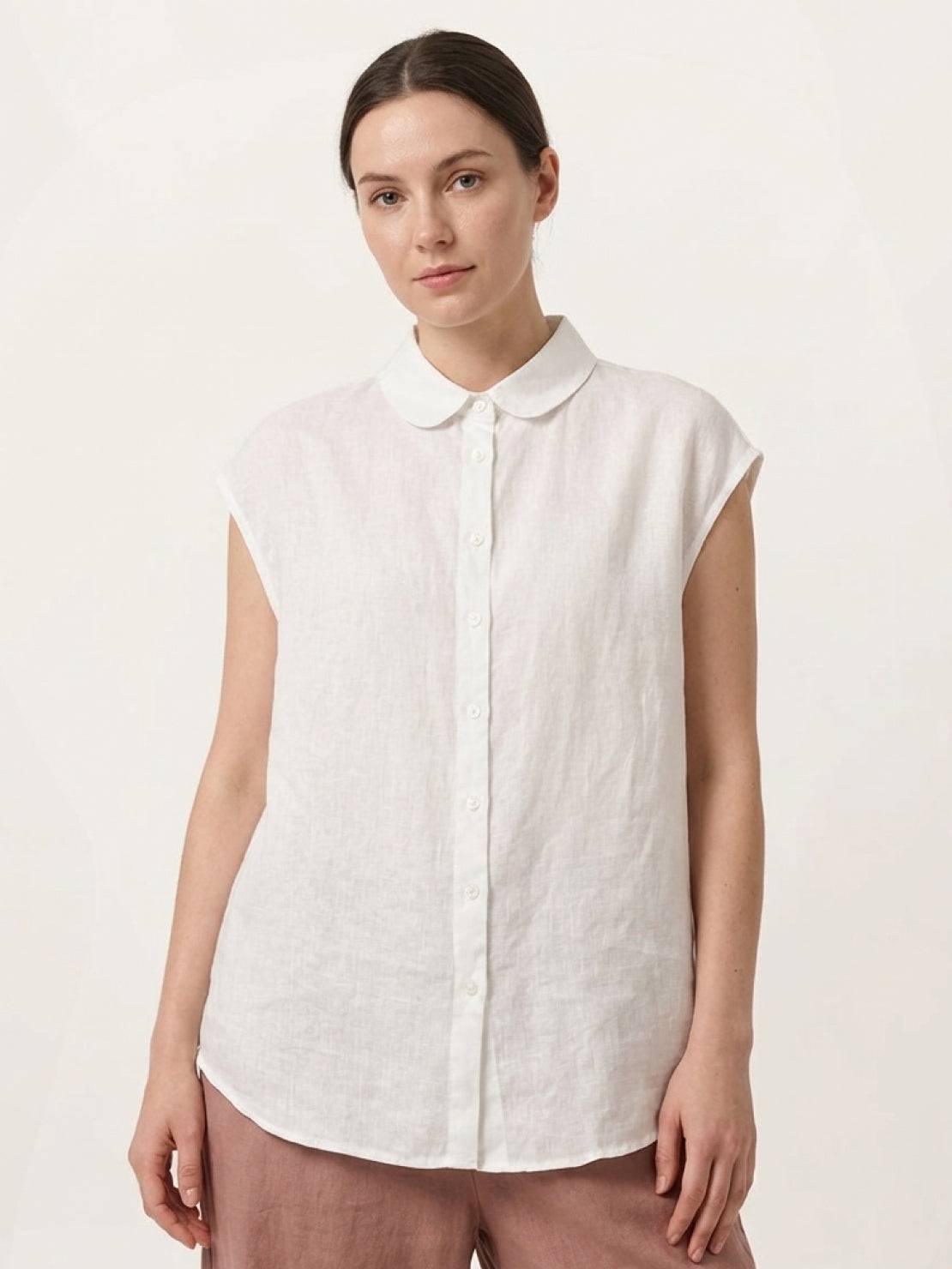 100% linen two-way button blouse with A-line silhouette and Peter Pan collar