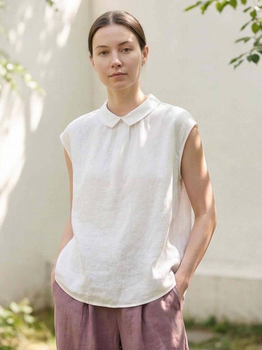 White 100% linen two-way button blouse with Peter Pan collar and cap sleeves