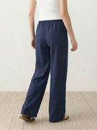 100% linen wide-leg pants with high-rise elastic waistband and front drawstring tie