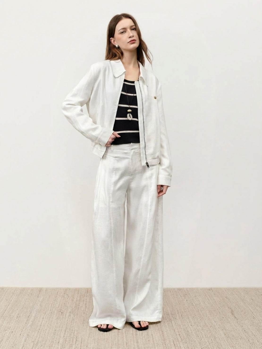 Cropped Linen-Lyocell zip bomber jacket with ribbed waistband and chest patch pocket