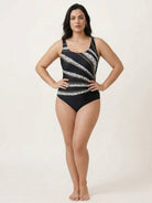 Curve-Fit Open-Back Swimsuit with scoop front, deep V back, adjustable straps, and diagonal back panels in stretchy fabric