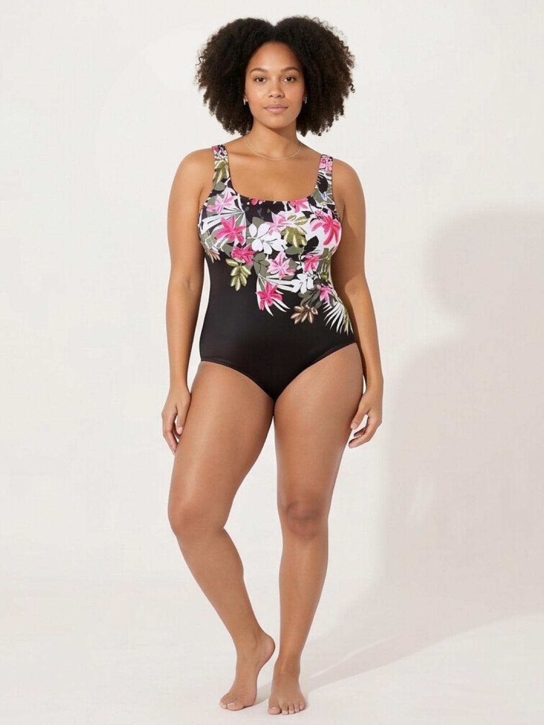 Curve-Fit Open-Back Swimsuit with scoop front, adjustable straps, and diagonal back panels in stretchy fabric