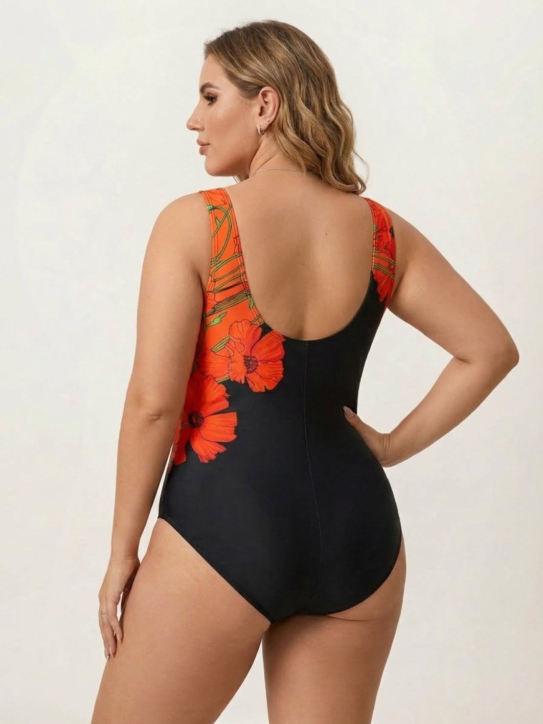 Curve-Fit open-back swimsuit with scoop front, adjustable straps, diagonal back panels, and full coverage bottom.
