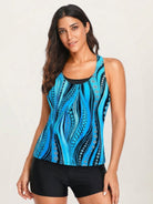 Criss-cross back three-piece tankini set with loose tank, printed sports bra, and boy shorts