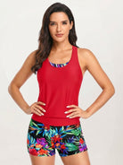 Three-piece tankini set with criss-cross back design on tank top and sports bra