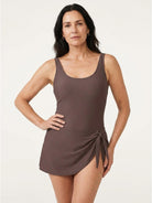Ruched Wrap One-Piece Swimdress with adjustable straps and attached wrap skirt for active swimwear comfort