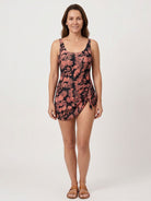 Ruched wrap one-piece swimdress with adjustable straps and tie-front skirt in matte fabric