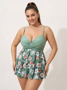 Tropical crossover skirted one-piece swimsuit with deep-V top and floral high-waist skirted bottom