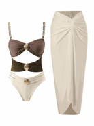 Gold-detail cutout one-piece swimsuit with ruched panels and midi wrap skirt beachwear set