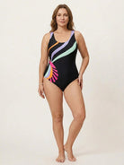 Plus size bold print one-piece swimsuit with scoop neckline and high-cut legs in smooth matte fabric