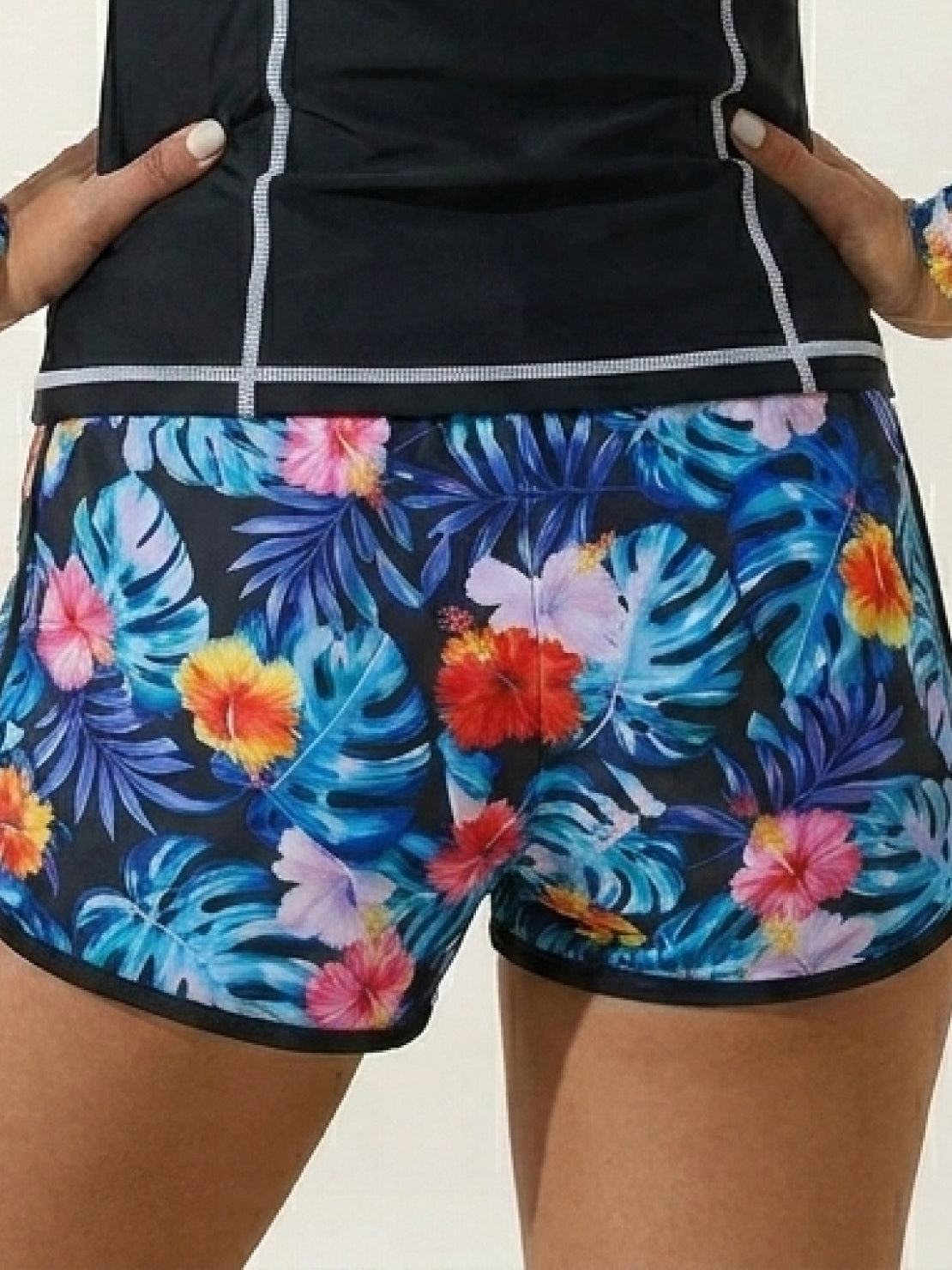 Long-sleeve UV rash guard set with tropical print sleeves and matching swim shorts