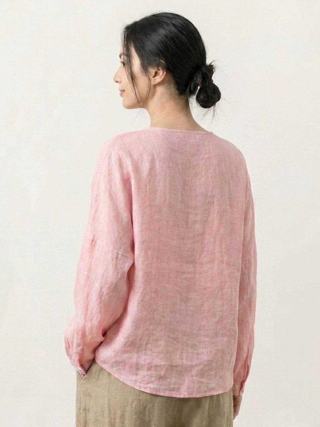 Oversized 100% linen blouse with traditional Chinese frog buttons, collarless neckline, long sleeves, and curved hem