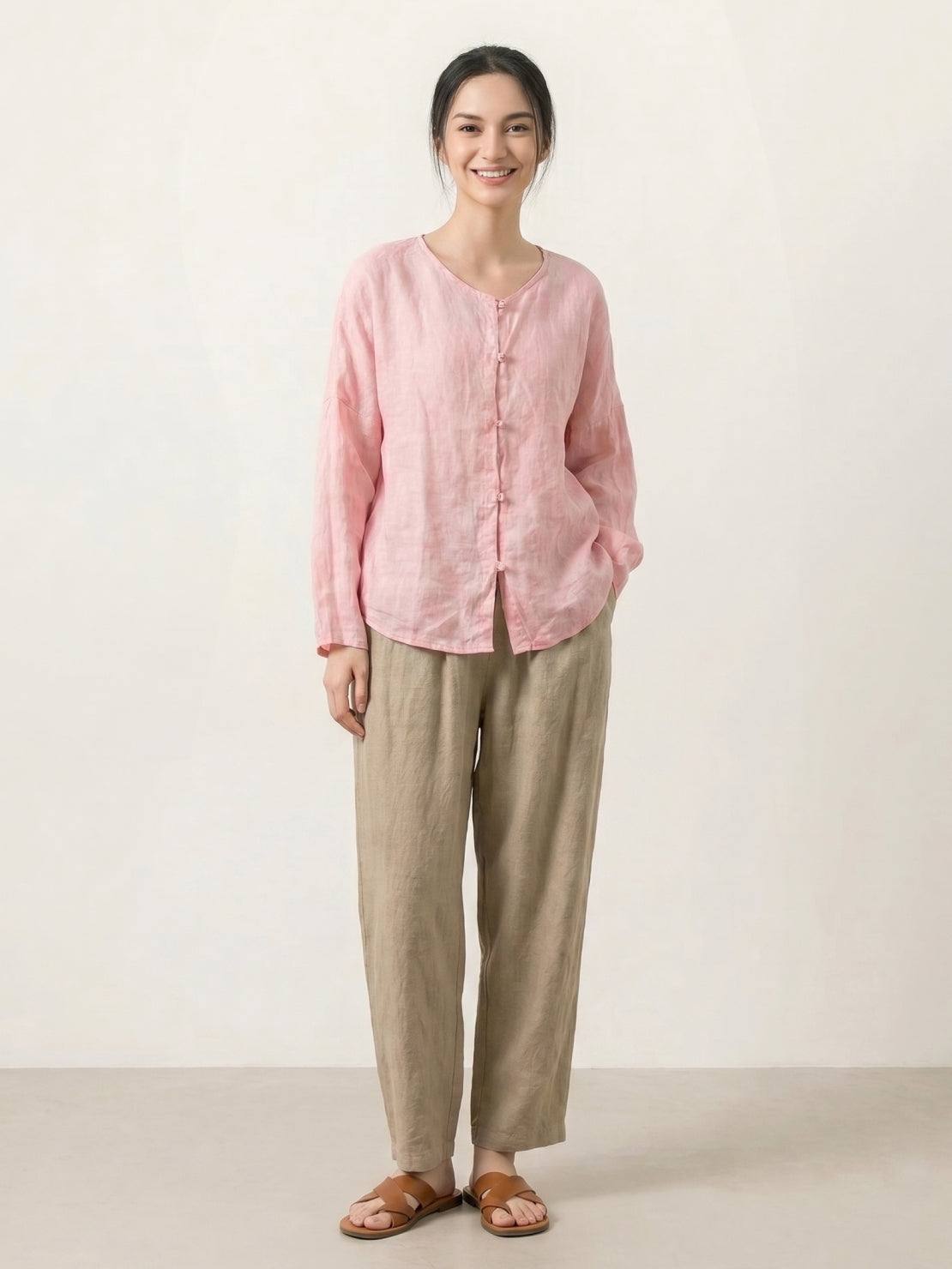 Oversized 100% linen blouse with frog-button closure and curved hem