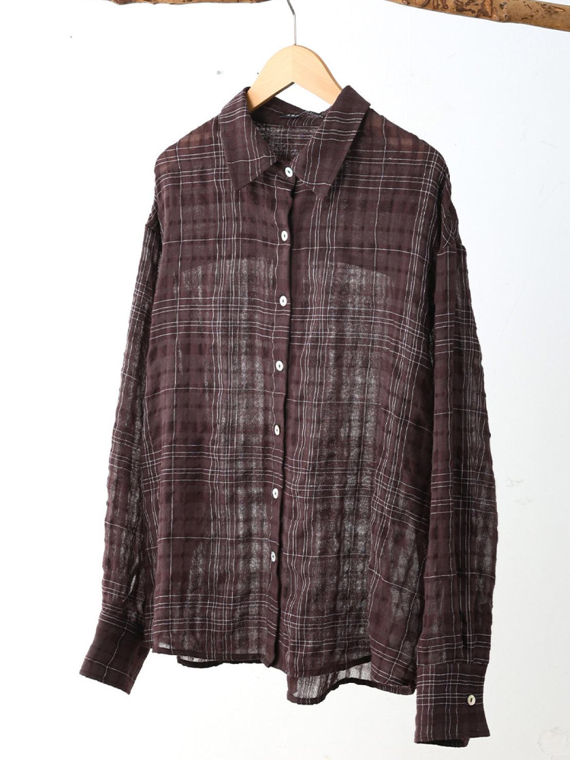 Lightweight 100% cotton sheer plaid shirt with oversized fit and mother-of-pearl buttons