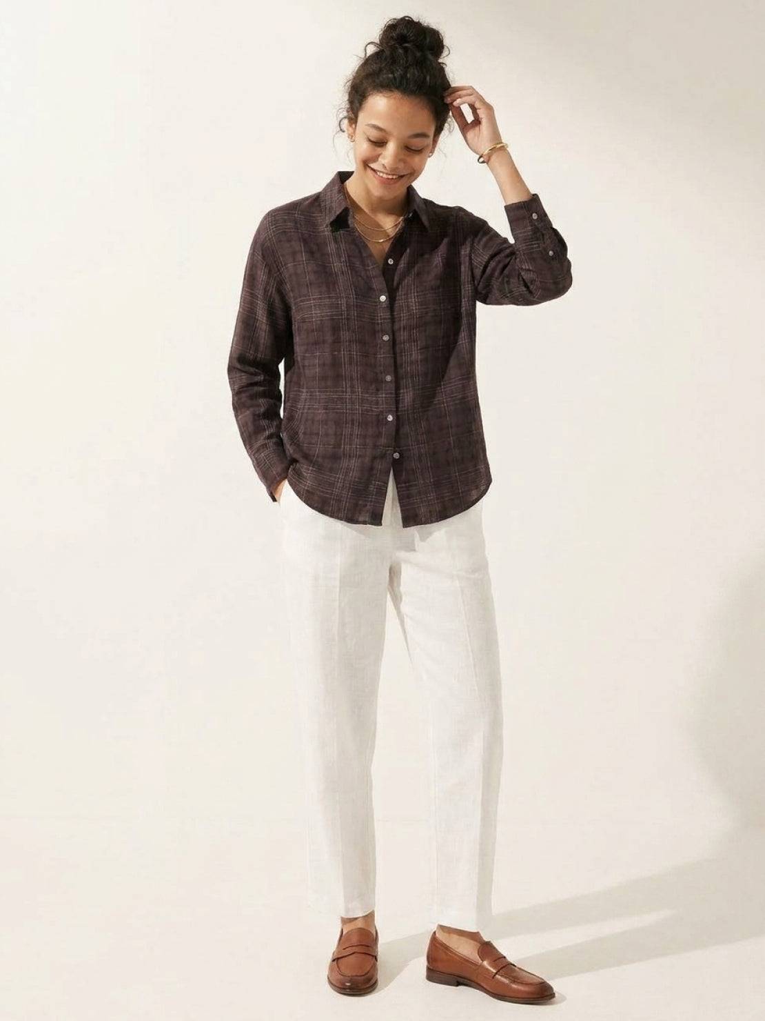 Lightweight 100% cotton sheer plaid shirt with relaxed fit and mother-of-pearl buttons